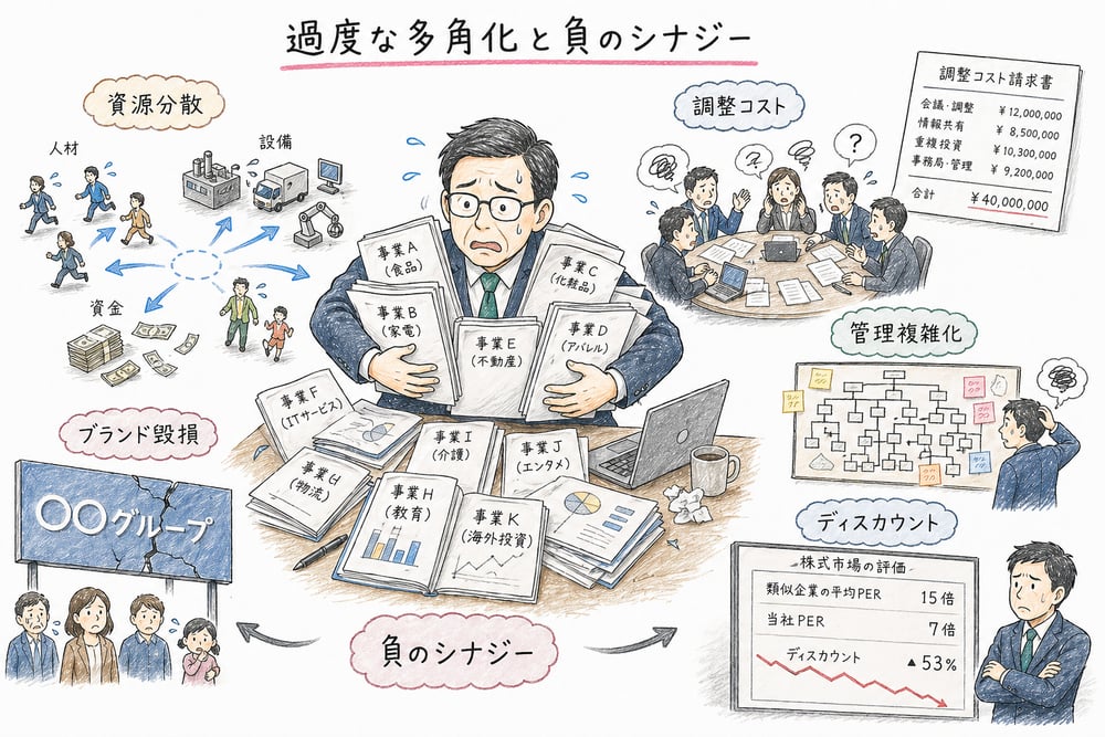 過度な多角化による資源分散、調整コスト、負のシナジーを示した図解