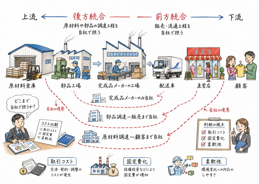 垂直統合で価値連鎖の上流・下流を自社内へ取り込む判断軸の図解