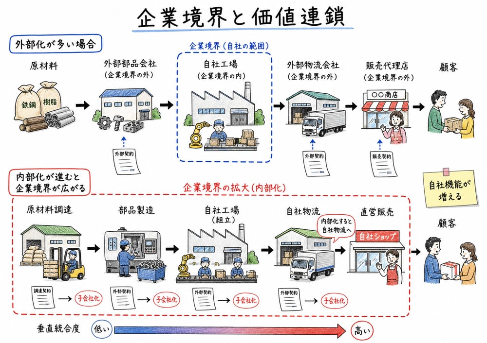 企業境界を広げて外部活動を内部化する垂直統合度の図解