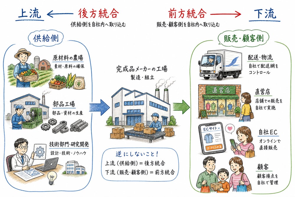 上流へ進む後方統合と下流へ進む前方統合を区別する図解