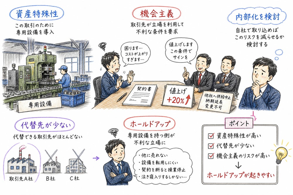 資産特殊性と機会主義からホールドアップ問題を理解する図解