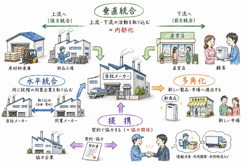 垂直統合を水平統合や多角化や提携と区別する図解