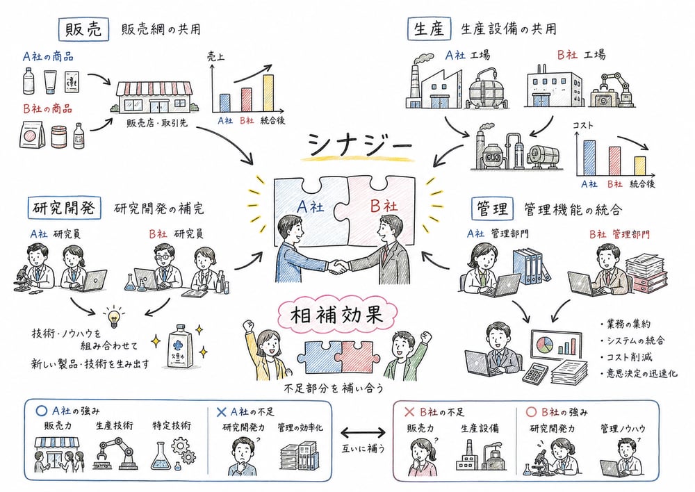 M&Aで生じる販売・生産・研究開発シナジーと相補効果