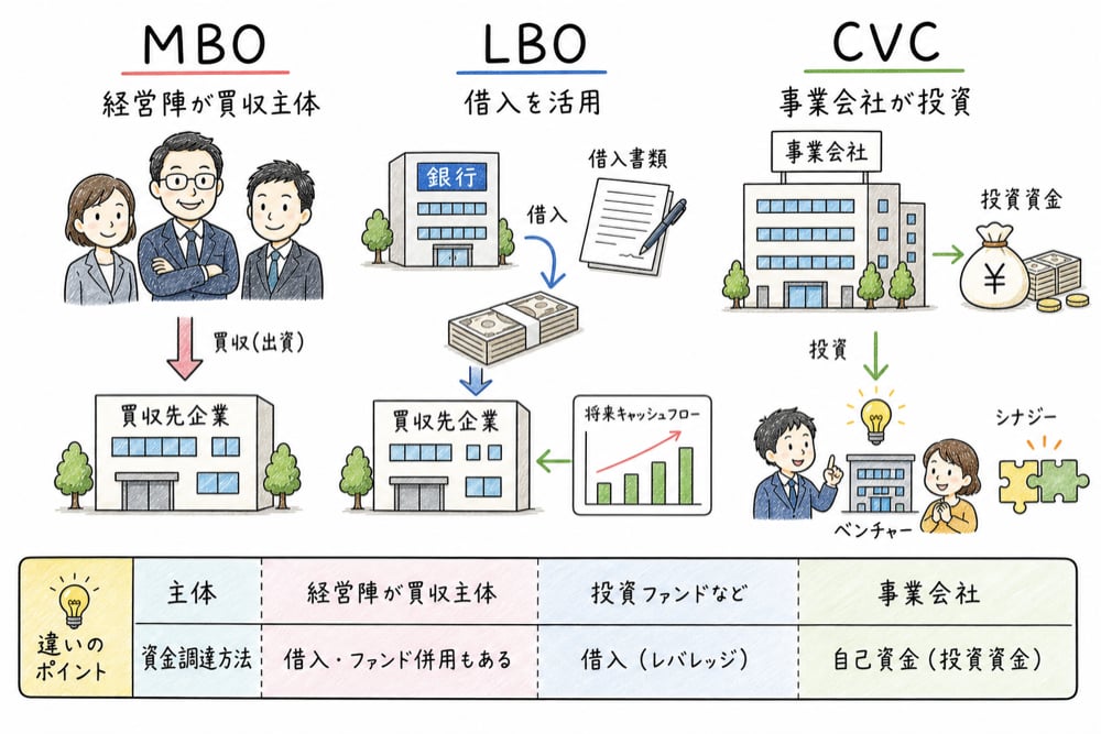 MBO・LBO・CVCを買収主体と資金調達で区別する図解