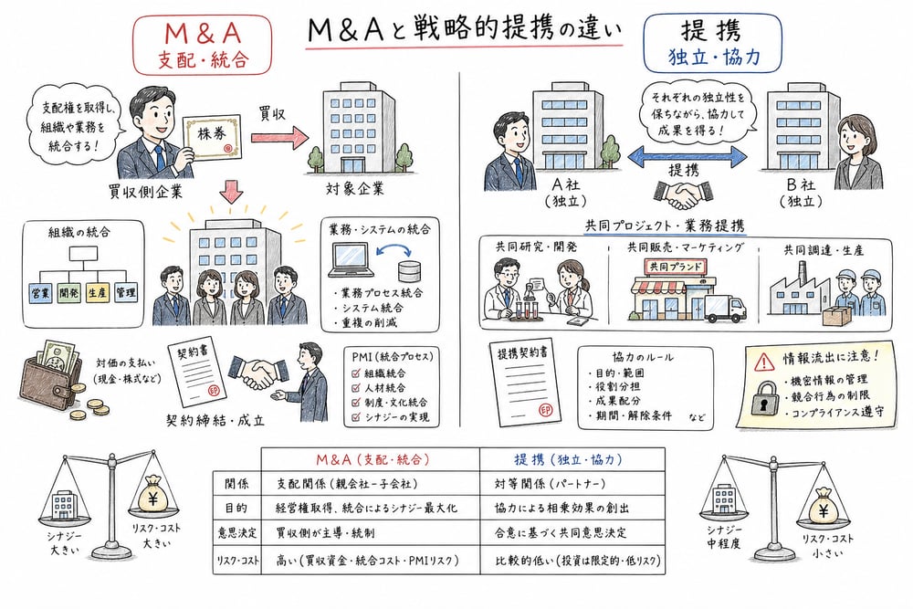 M&Aと戦略的提携を支配権と統合度で区別する図解