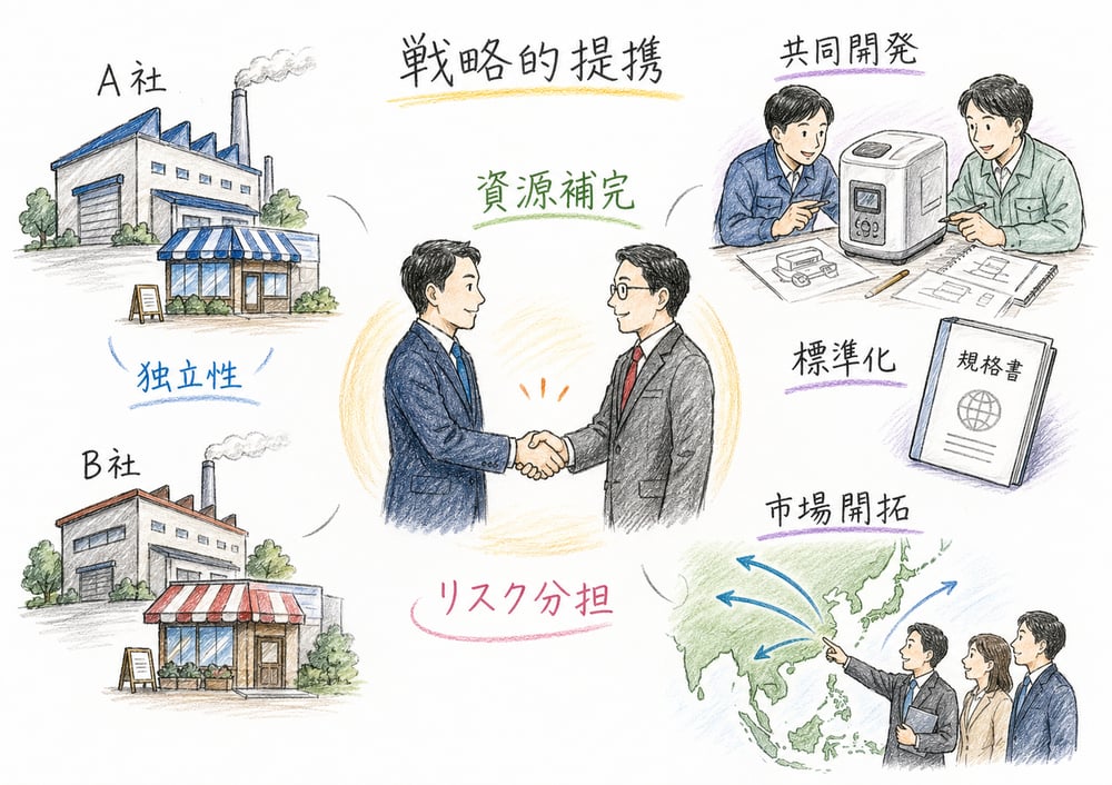 戦略的提携の全体像を、独立性、資源補完、リスク分担、共同開発、市場開拓で整理した図解