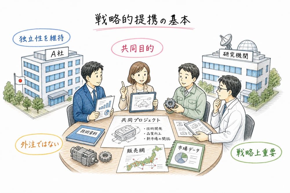 戦略的提携の基本を、独立性を維持した共同目的と戦略上重要な協力として示した図解