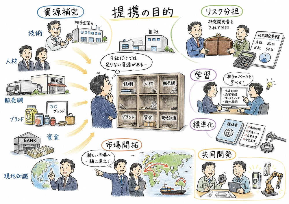 提携の目的を、資源補完、リスク分担、学習、標準化、市場開拓、共同開発で整理した図解
