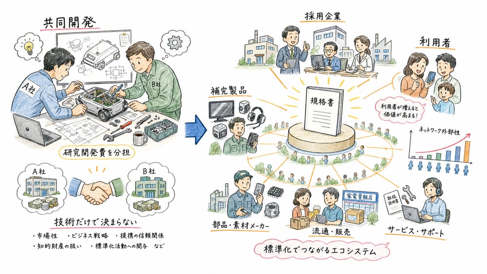 共同開発と標準化を、研究開発費の分担、採用企業、利用者、補完製品の広がりで示した図解