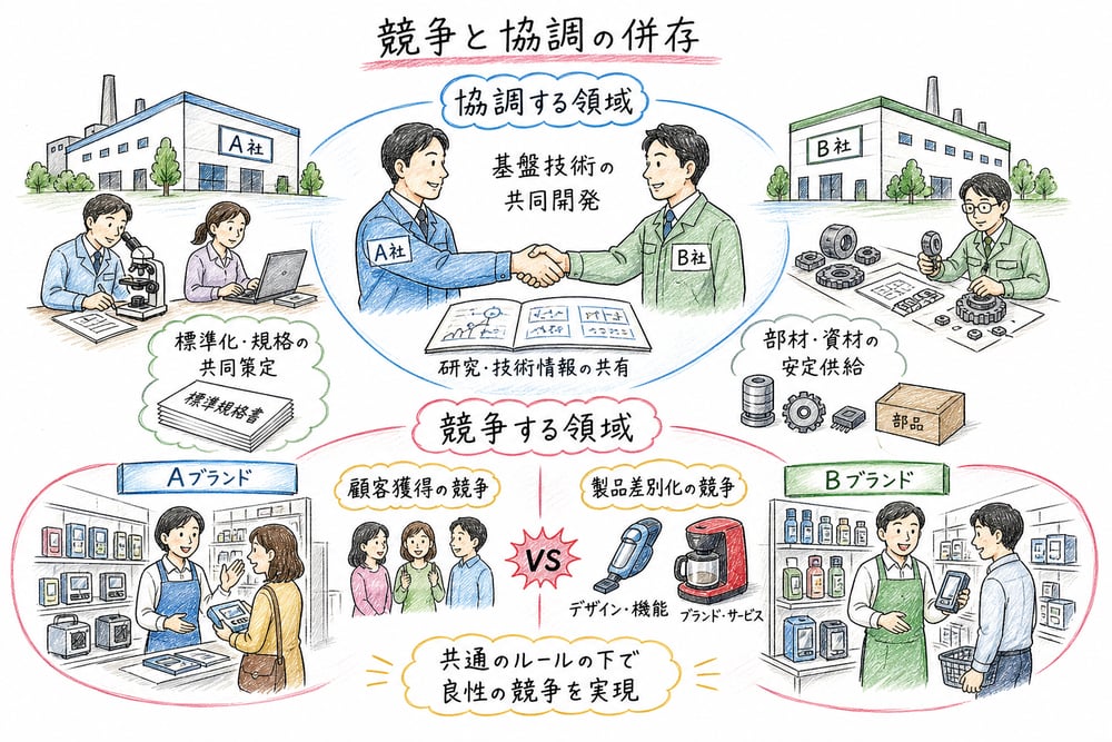 競争と協調の関係を、基盤技術では協力し製品販売では競争する場面で示した図解