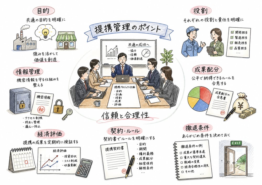 提携管理のポイントを、目的、役割、成果配分、情報管理、経済評価、撤退条件で示した図解