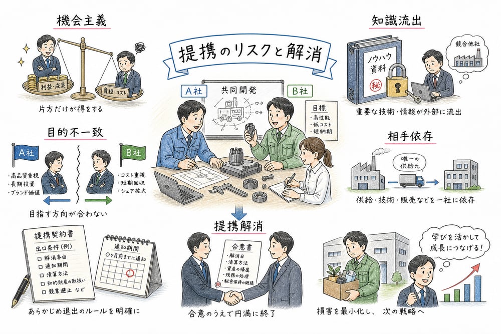 提携のリスクと解消を、機会主義、知識流出、目的不一致、相手依存、出口条件で示した図解