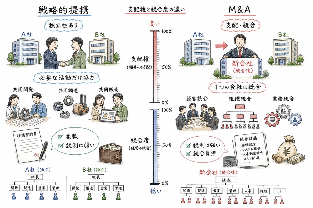 戦略的提携とM&Aの違いを、独立性、支配権、統合度、統制力、統合負担で比較した図解