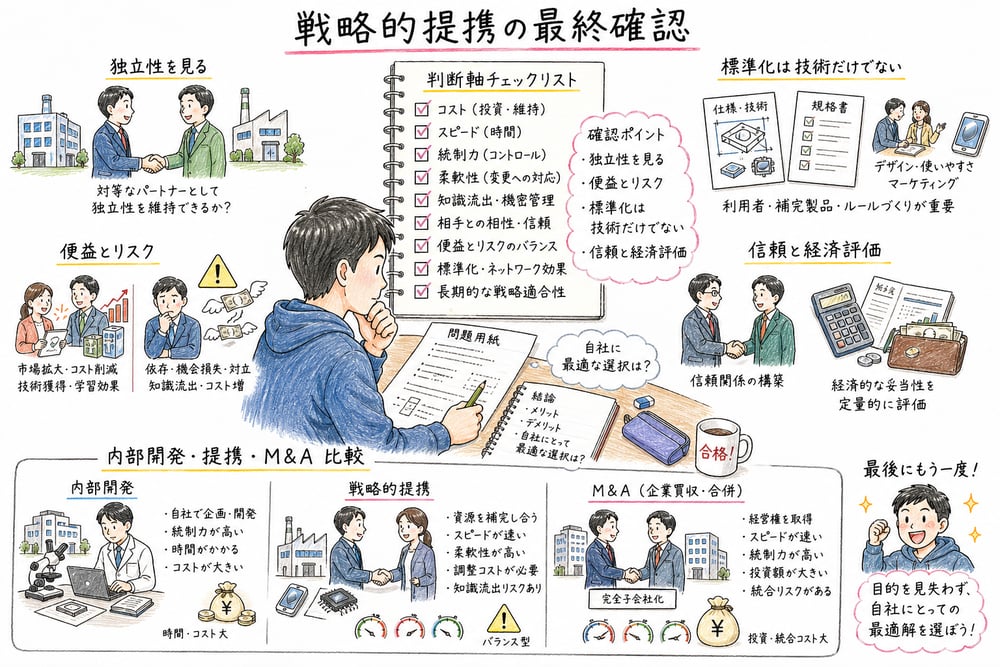 戦略的提携の最終確認として、独立性、便益とリスク、標準化、信頼と経済評価、内部開発・提携・M&A比較を整理した図解