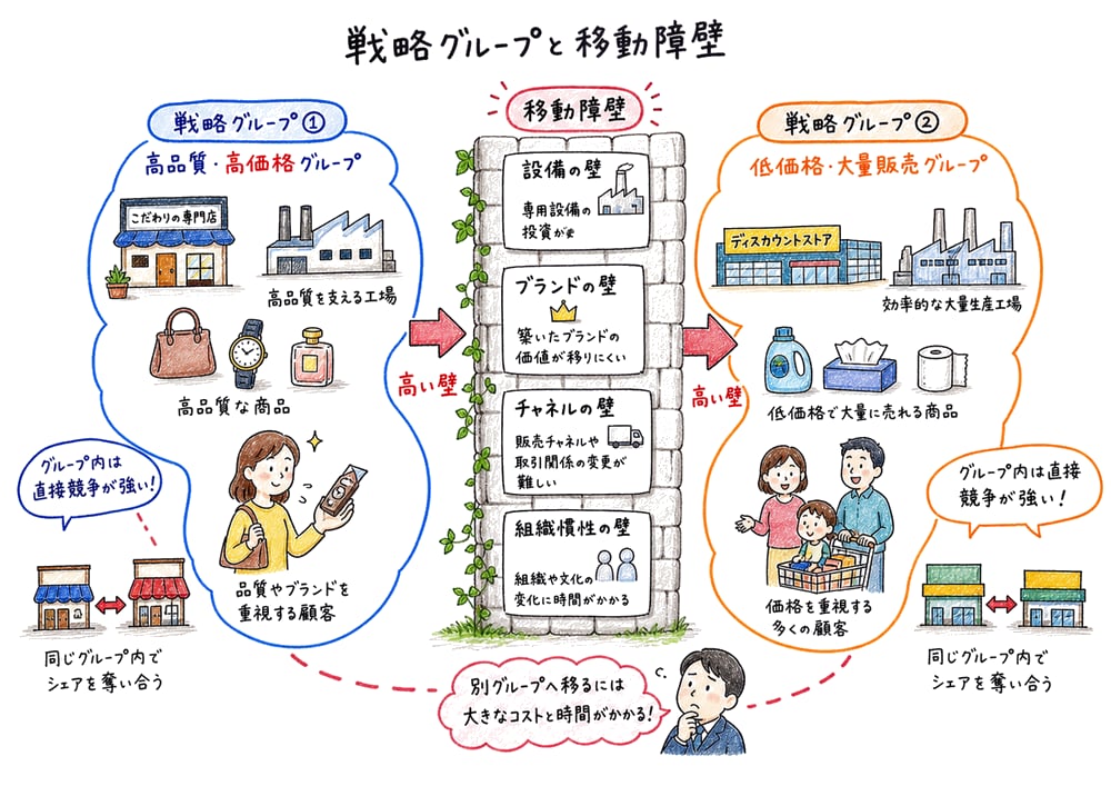 業界内の戦略グループと移動障壁の図解