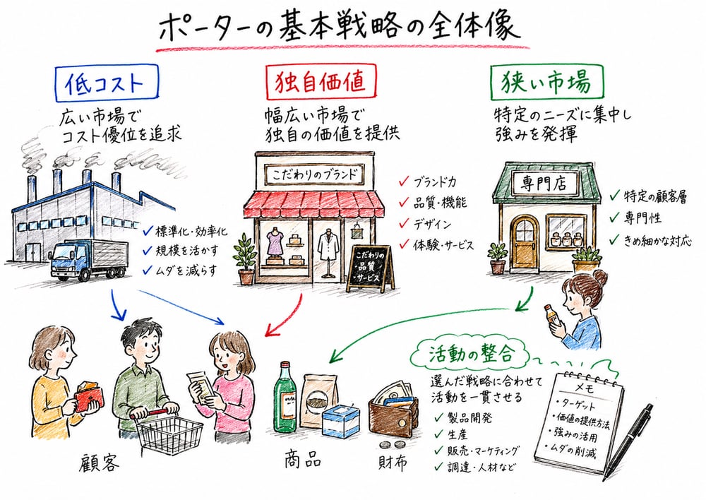 基本戦略の全体像を低コスト、独自価値、狭い市場、活動整合で整理した図解