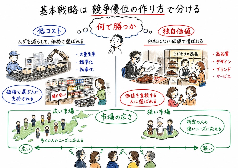 競争優位の源泉と市場範囲で基本戦略を分類する図解