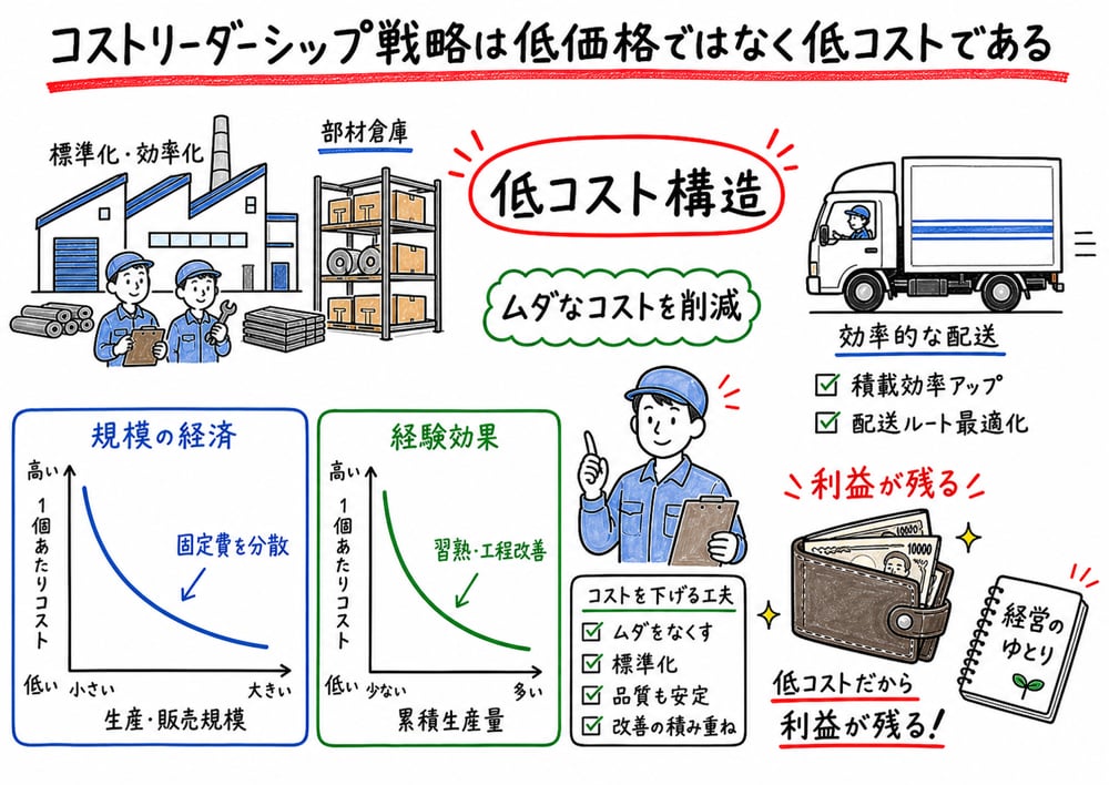 コストリーダーシップを低コスト構造として示す図解