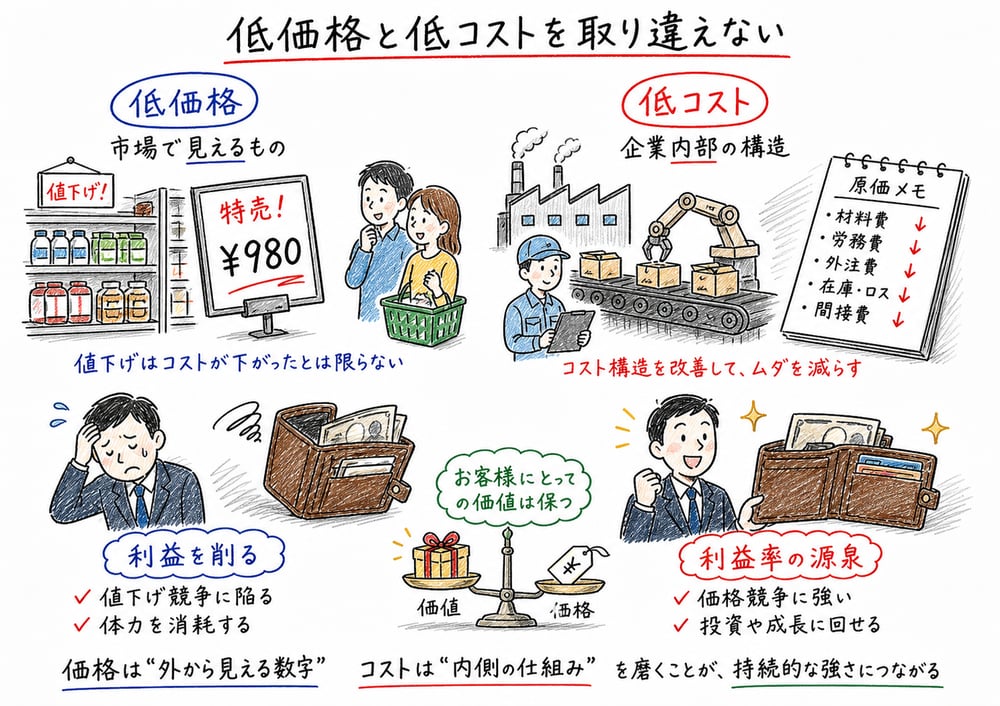 低価格と低コストの違いを価格と費用構造で対比する図解