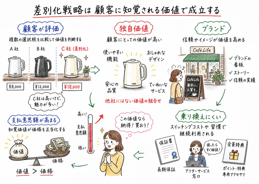 差別化が顧客に知覚される価値で成立することを示す図解