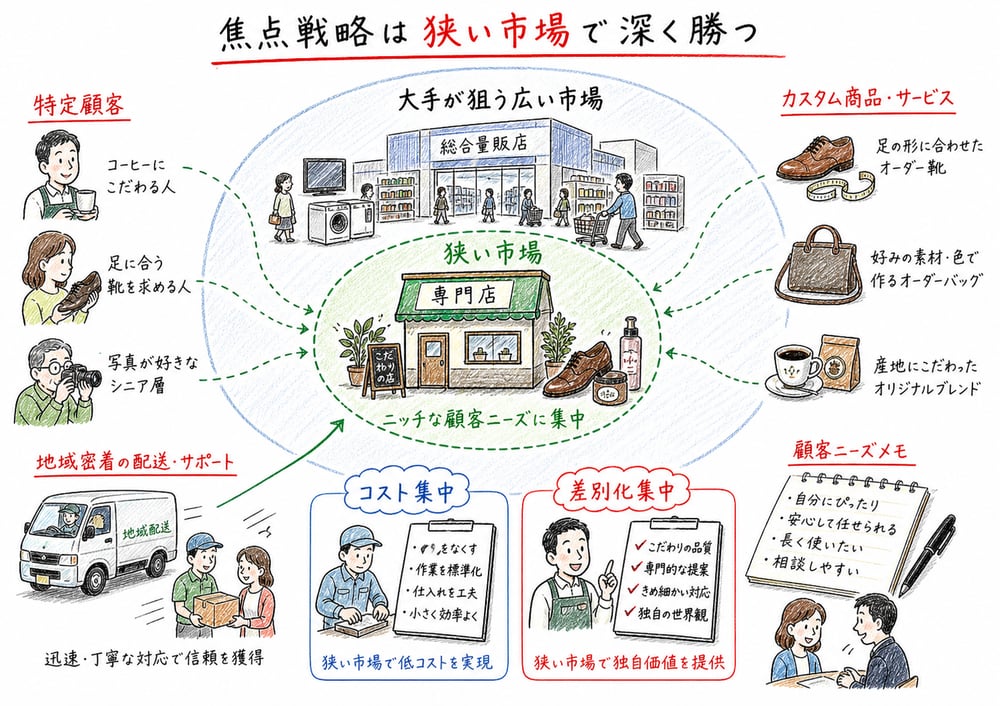 焦点戦略を狭い市場と特定顧客への集中で示す図解