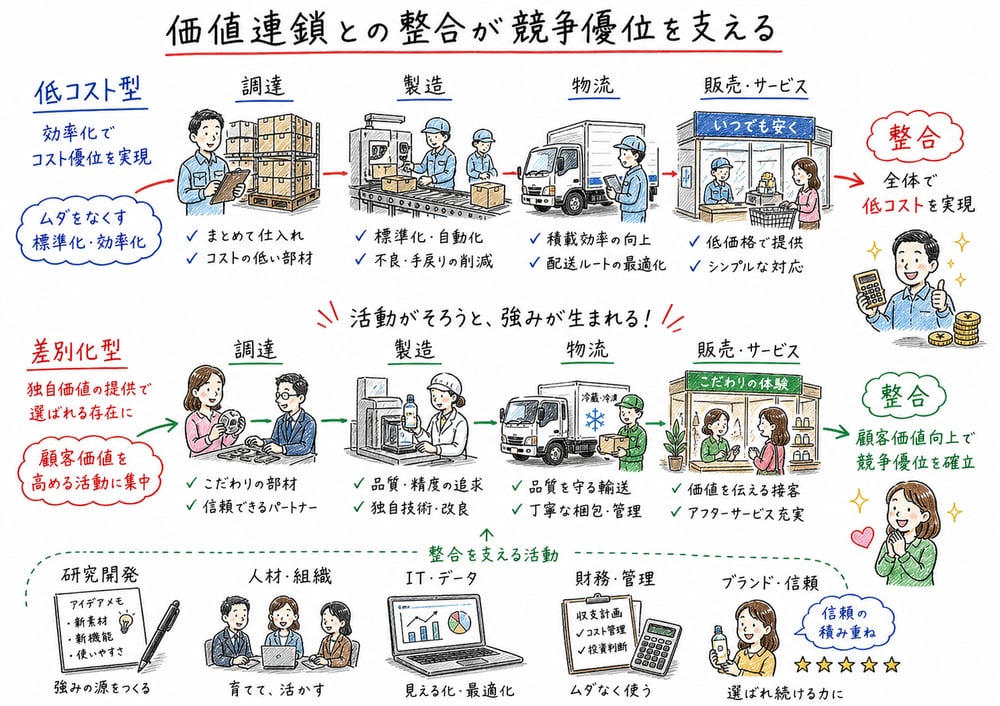 価値連鎖の活動と戦略の整合を示す図解