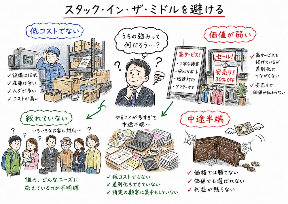 スタック・イン・ザ・ミドルを中途半端な活動として示す図解