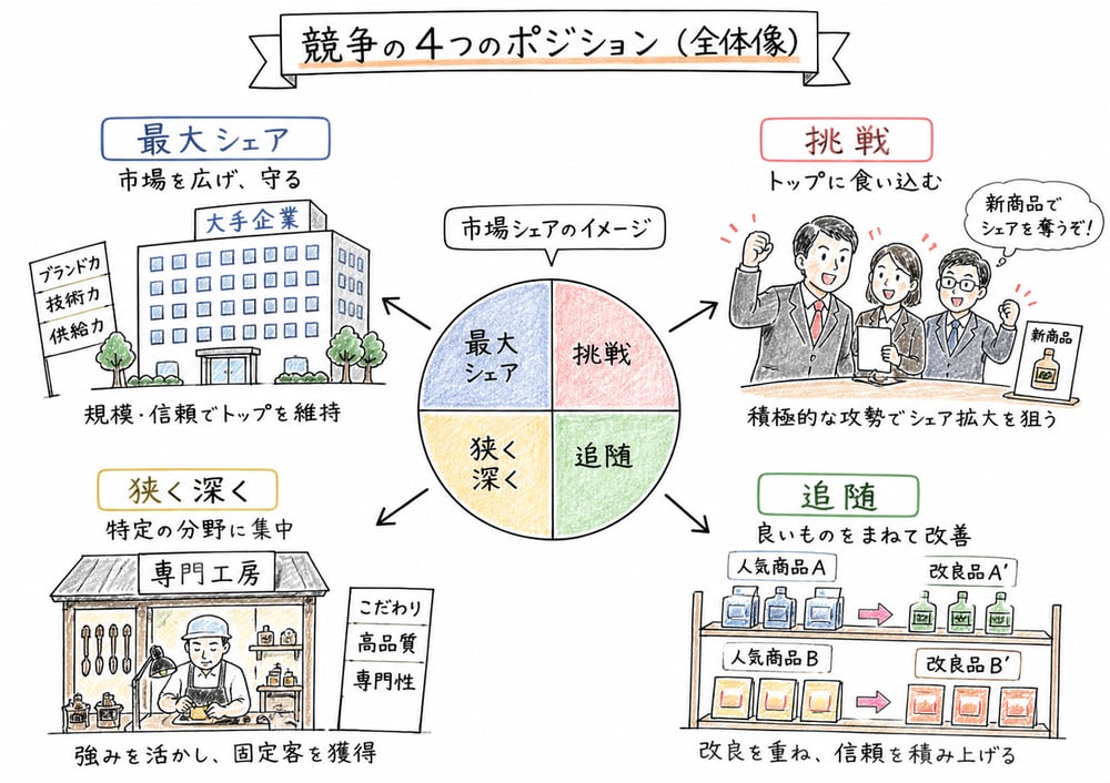 市場での役割から4つの競争地位を見分ける図解