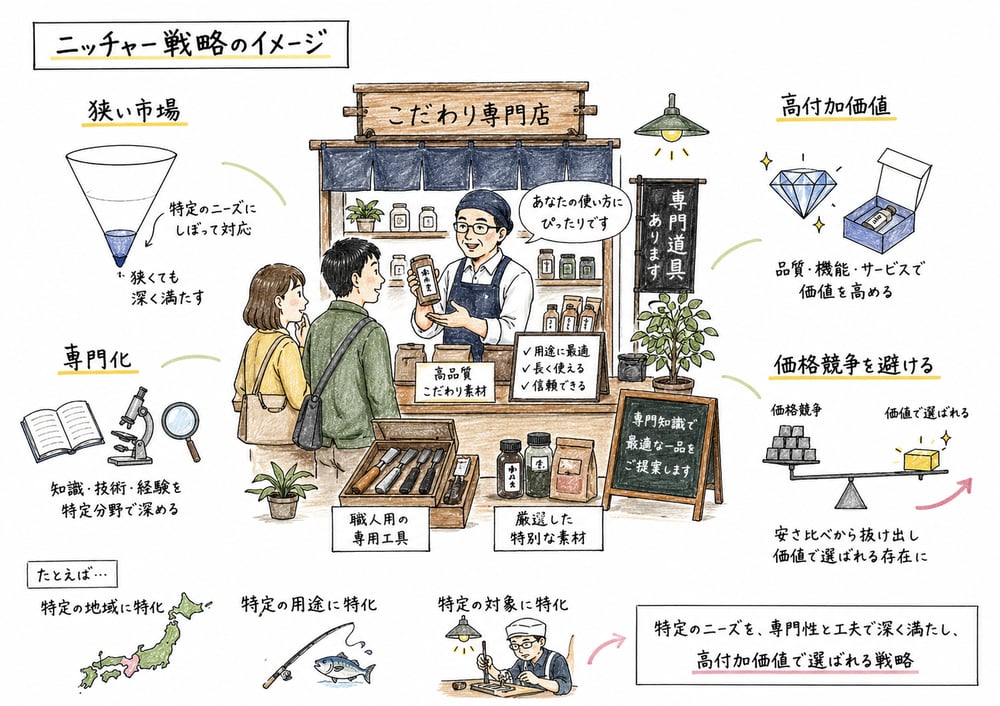 ニッチャーが狭い市場で専門化し価格競争を避ける図解