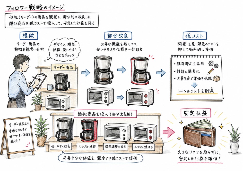 フォロワーが模倣や部分改良で安定収益を狙う図解