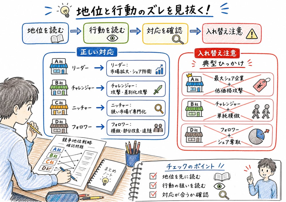 地位と行動の入れ替えを照合して見抜く手順の図解