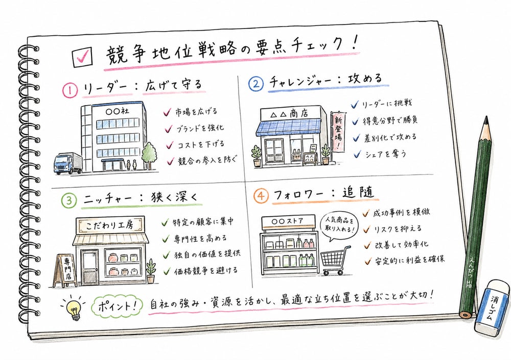 競争地位別戦略の4地位と判断順を最終確認する図解