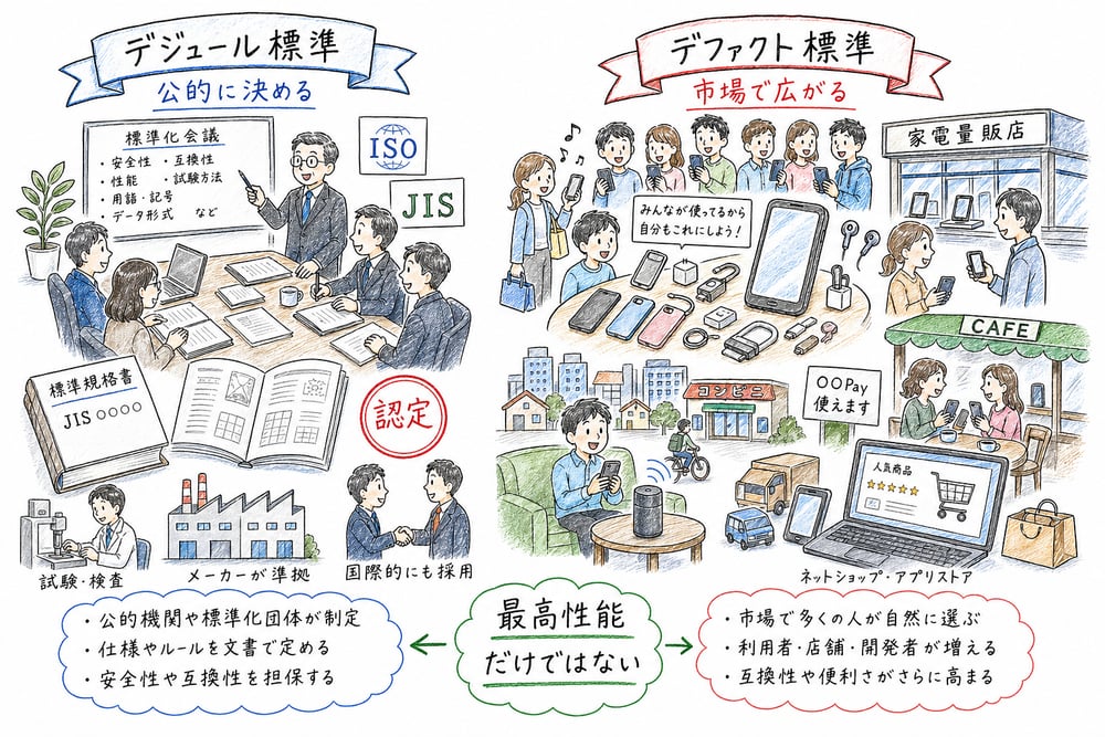 公的に決まるデジュール標準と、市場で広がるデファクトスタンダードを対比する図解