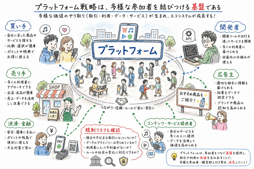 プラットフォームが買い手、売り手、開発者、広告主など多様な参加者を結びつける図解