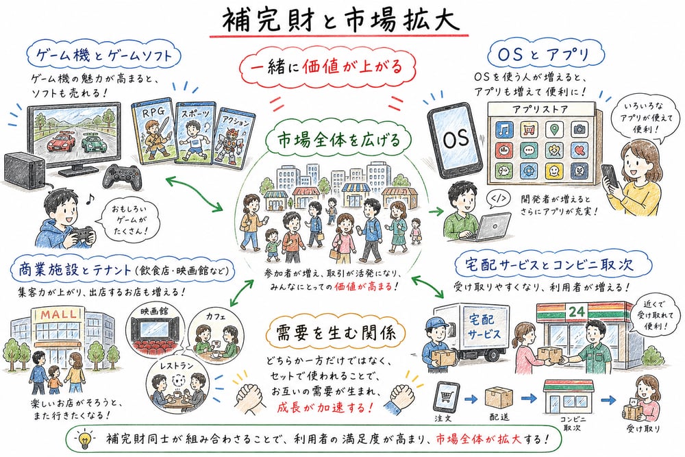 ゲーム機とソフト、商業施設、宅配取次などの補完財が市場全体を広げる関係を示す図解