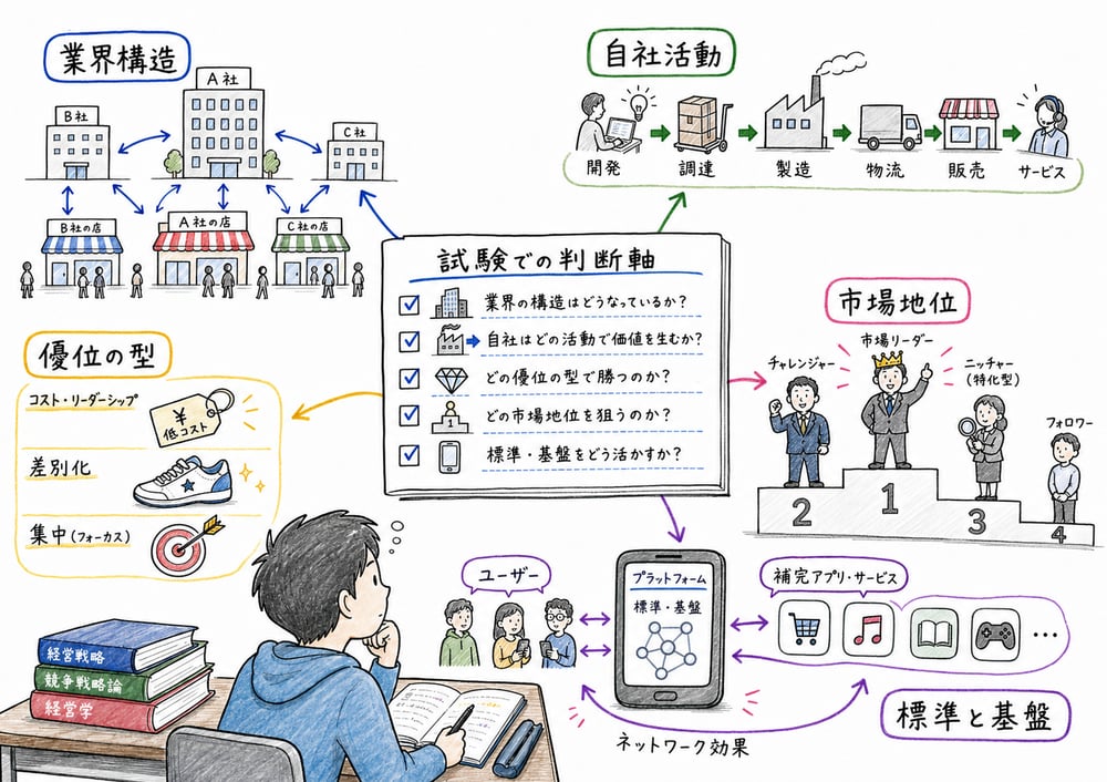 競争戦略章の主要論点を分析対象別に整理する図解