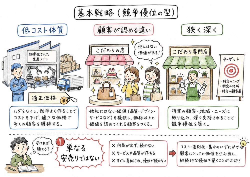 コストリーダーシップ、差別化、焦点戦略を競争優位の型として整理する図解