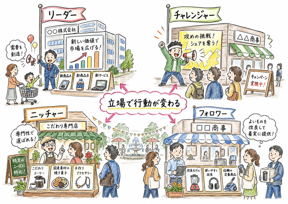 競争地位別戦略で立場と行動を対応させる図解
