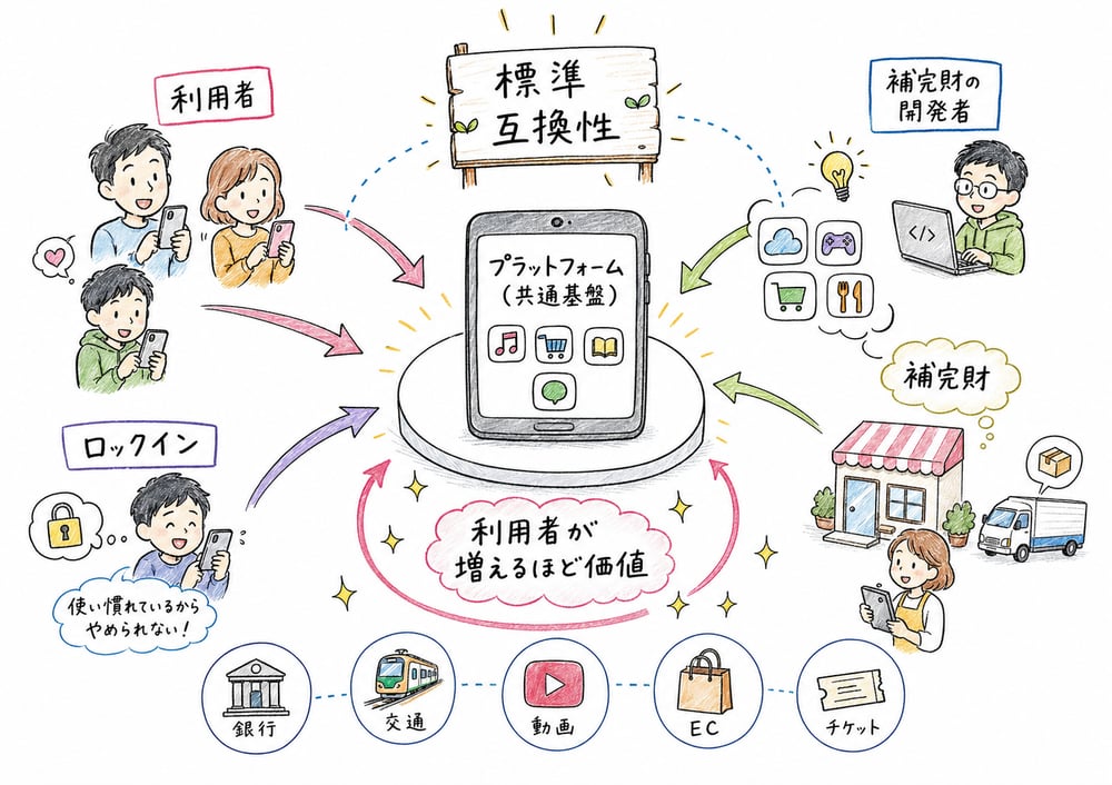 プラットフォームで標準、互換性、補完財、ネットワーク外部性を見る図解