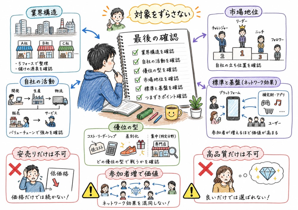 競争戦略横断確認で最後に確認する判断軸とひっかけをまとめた図解