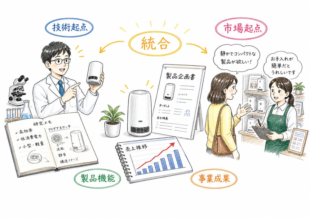 技術起点と市場起点を製品機能と事業成果へ統合する図解