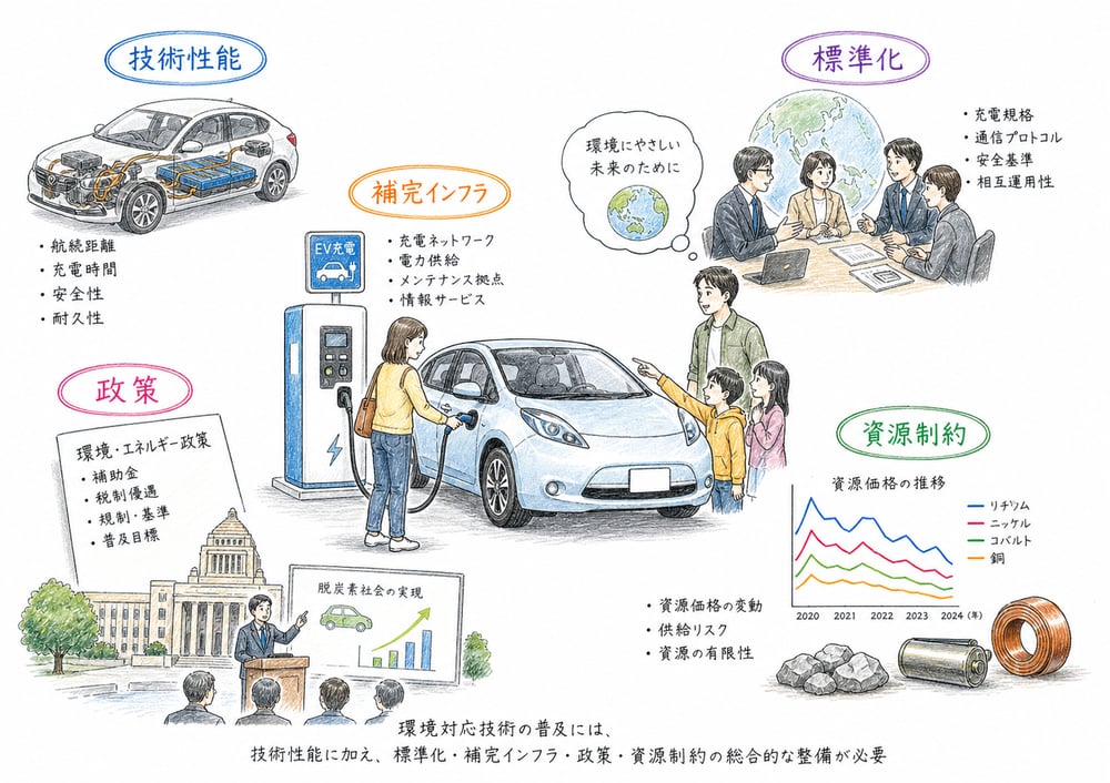 環境技術の普及に必要な標準化、補完インフラ、政策、資源制約の図解