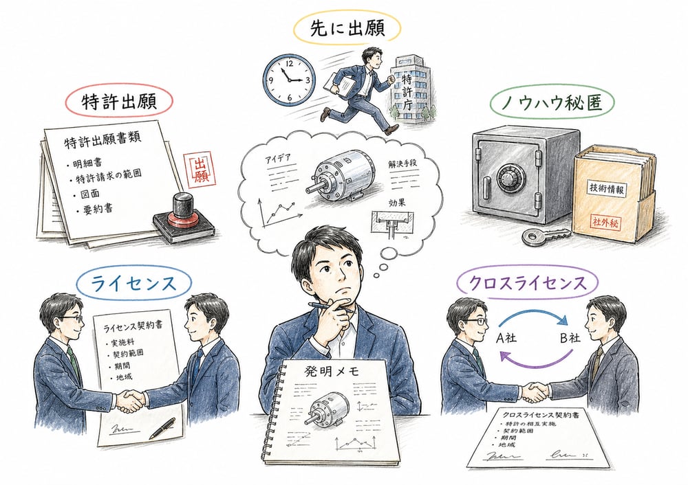 特許出願、ノウハウ秘匿、ライセンス、クロスライセンスを使い分ける知財戦略の図解
