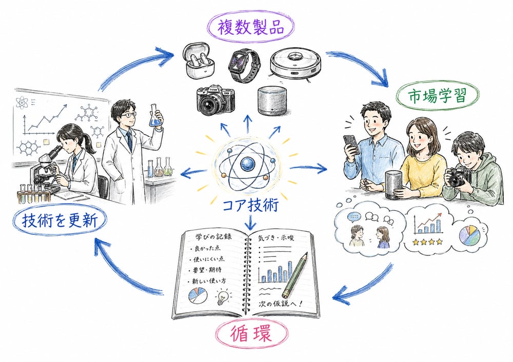 コア技術を複数製品へ展開し市場学習を技術基盤へ戻す循環の図解