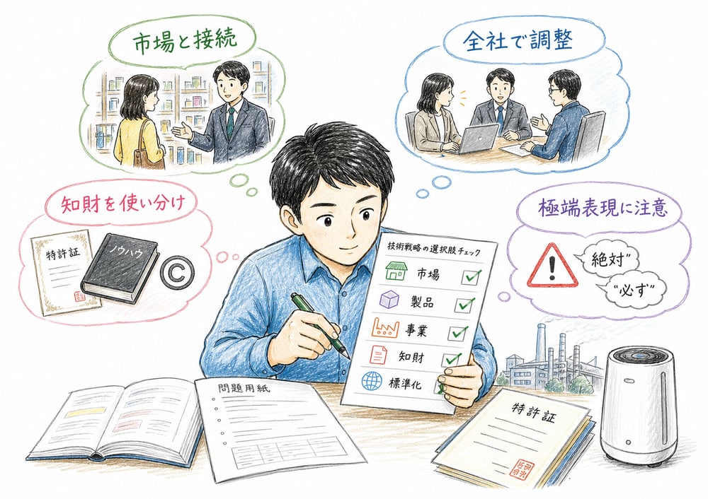 技術戦略の選択肢で市場接続、全社調整、知財活用、極端表現を確認する図解
