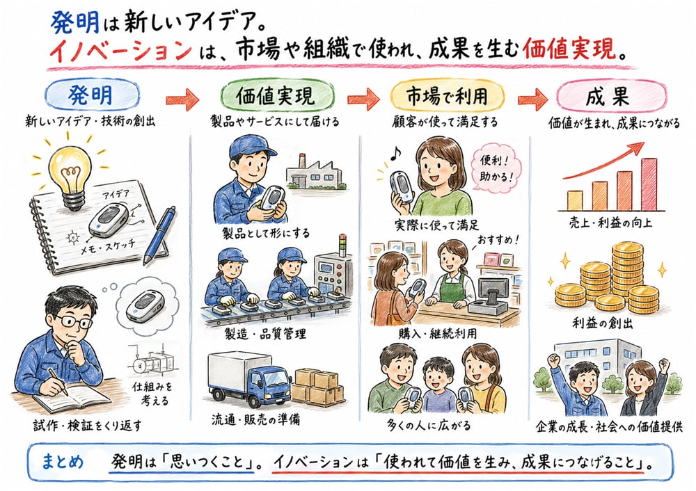 発明とイノベーションの違いを発明、価値実現、市場で利用、成果の流れで整理した図解