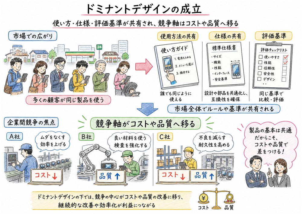 ドミナントデザイン後に競争軸がコストや品質へ移ることを整理した図解