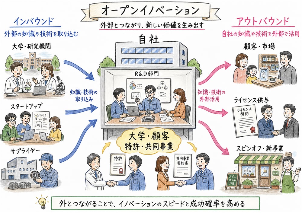 オープンイノベーションをインバウンドとアウトバウンドの知識の流れで整理した図解