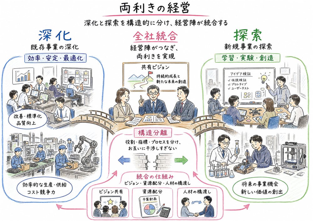 両利きの経営を深化、探索、構造分離、全社統合で整理した図解