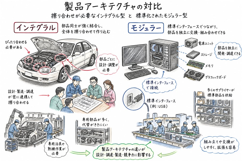 製品アーキテクチャをインテグラル型とモジュラー型で比較した図解